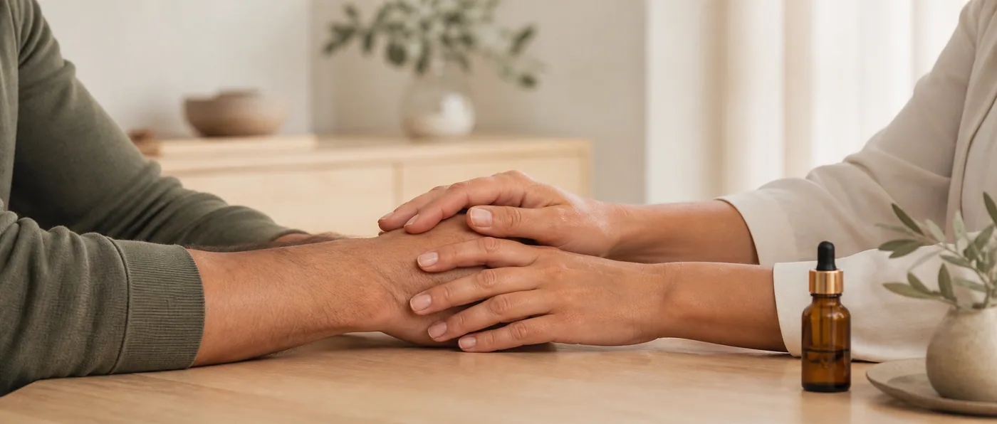 Médica apoia as mãos de um paciente durante uma consulta